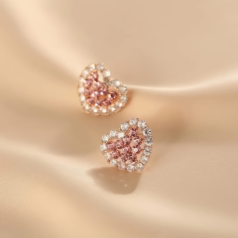 Pink Rhinestone Heart Stud Earrings 925 Sterling Silver Ear Needle
